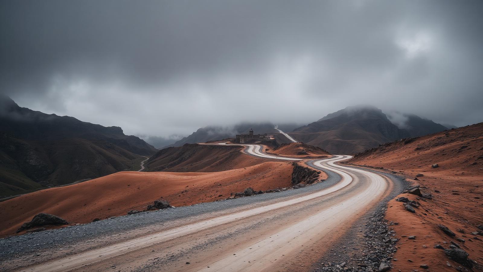 Winding gravel mountain road in the Georgian Caucasus with a stone tower village