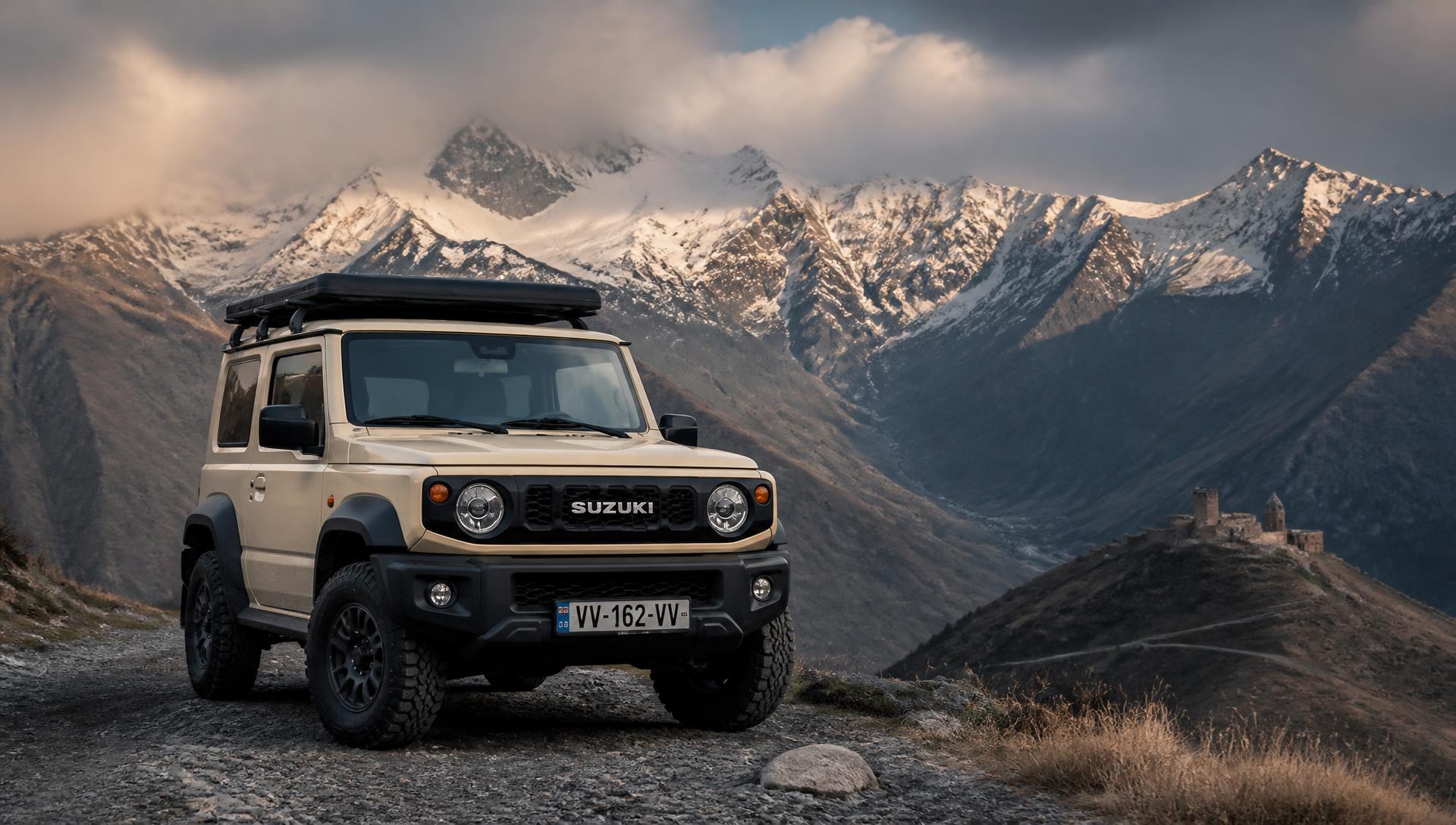 Sand-coloured Suzuki Jimny parked on a gravel road in the Georgian Caucasus mountains