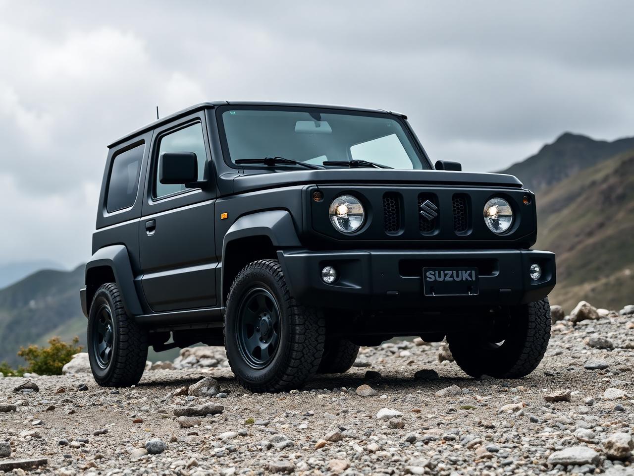 Black Suzuki Jimny parked in the Caucasus mountains
