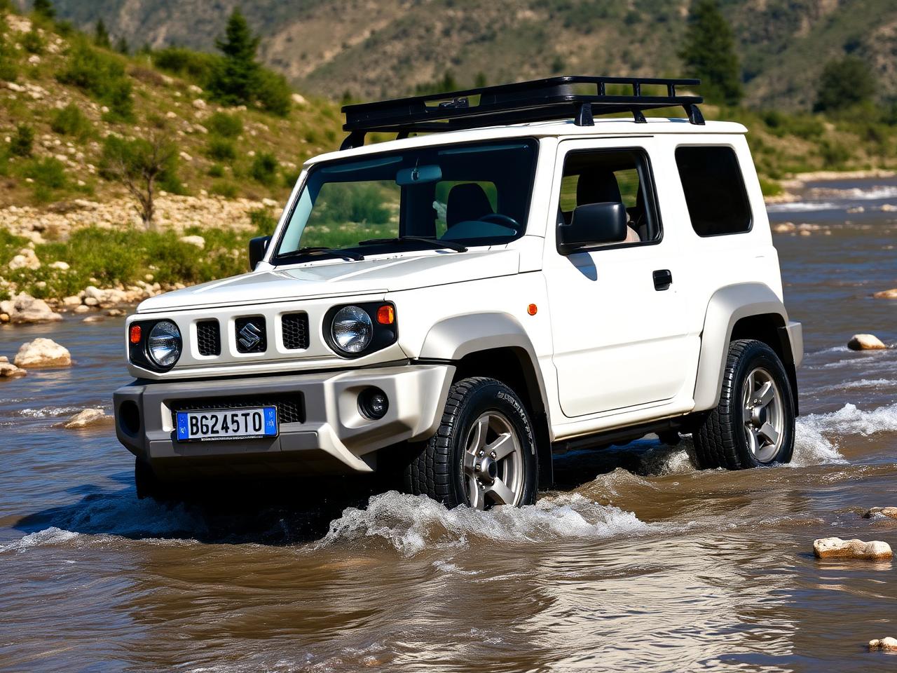 White Suzuki Jimny with roof rack on a gravel track in Georgia